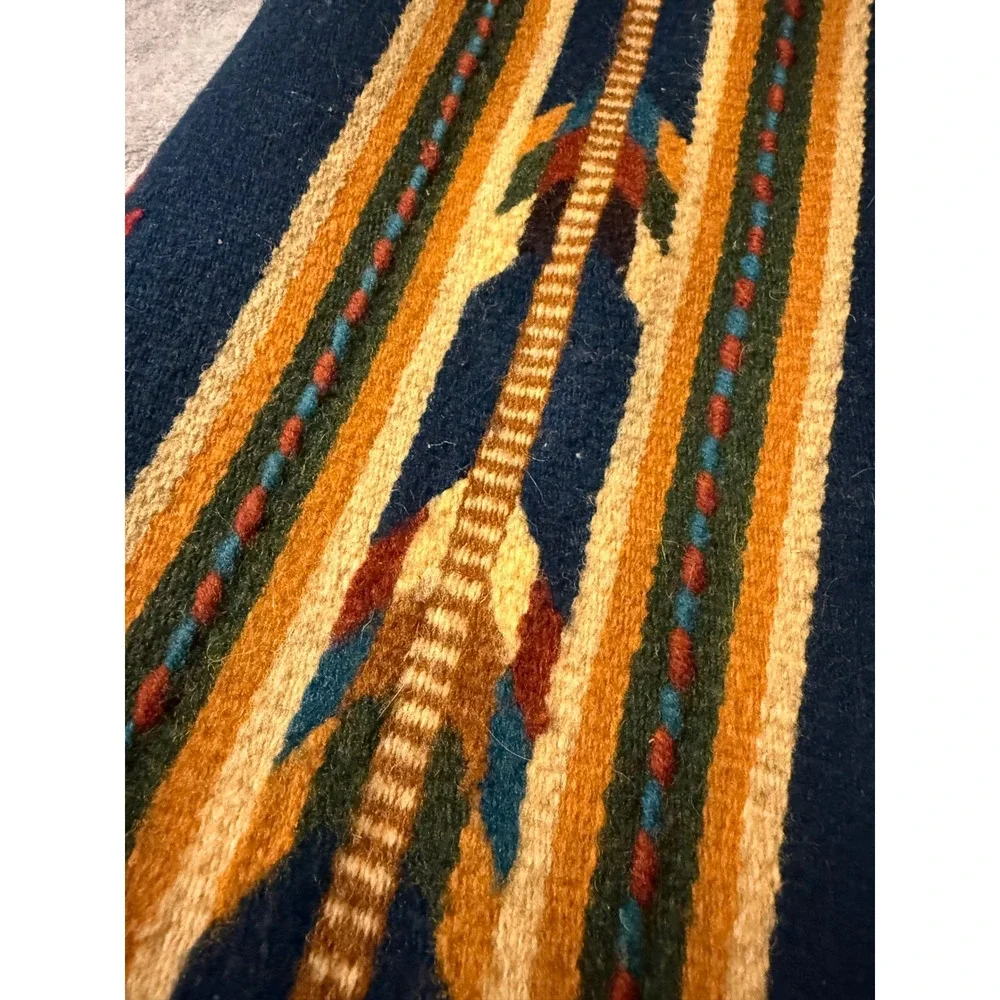 Vintage Zapotec Mexican Wool Tapestry Runner Blue Southwestern 100% Lana
